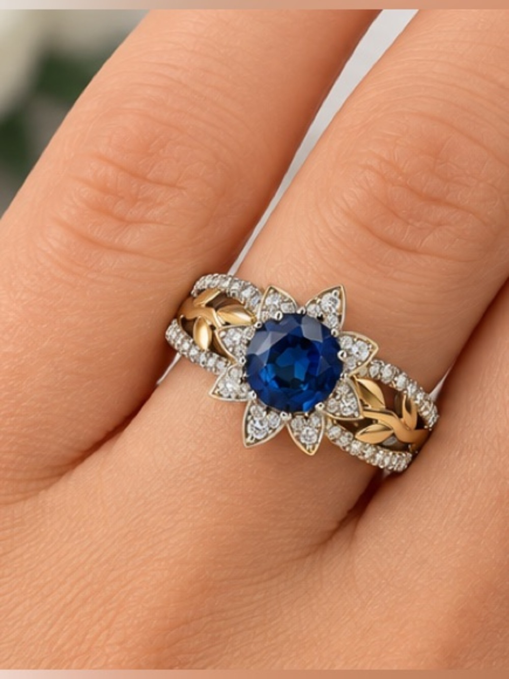 Elegant Blue & Gold Floral Ring.